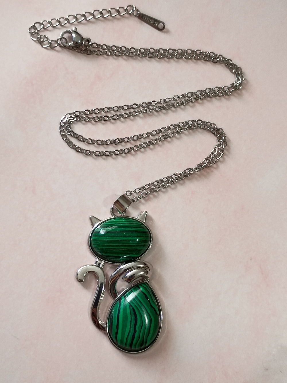 Malachite Natural Crystal Gemstone Cat Pendant Necklace 18in Stainless